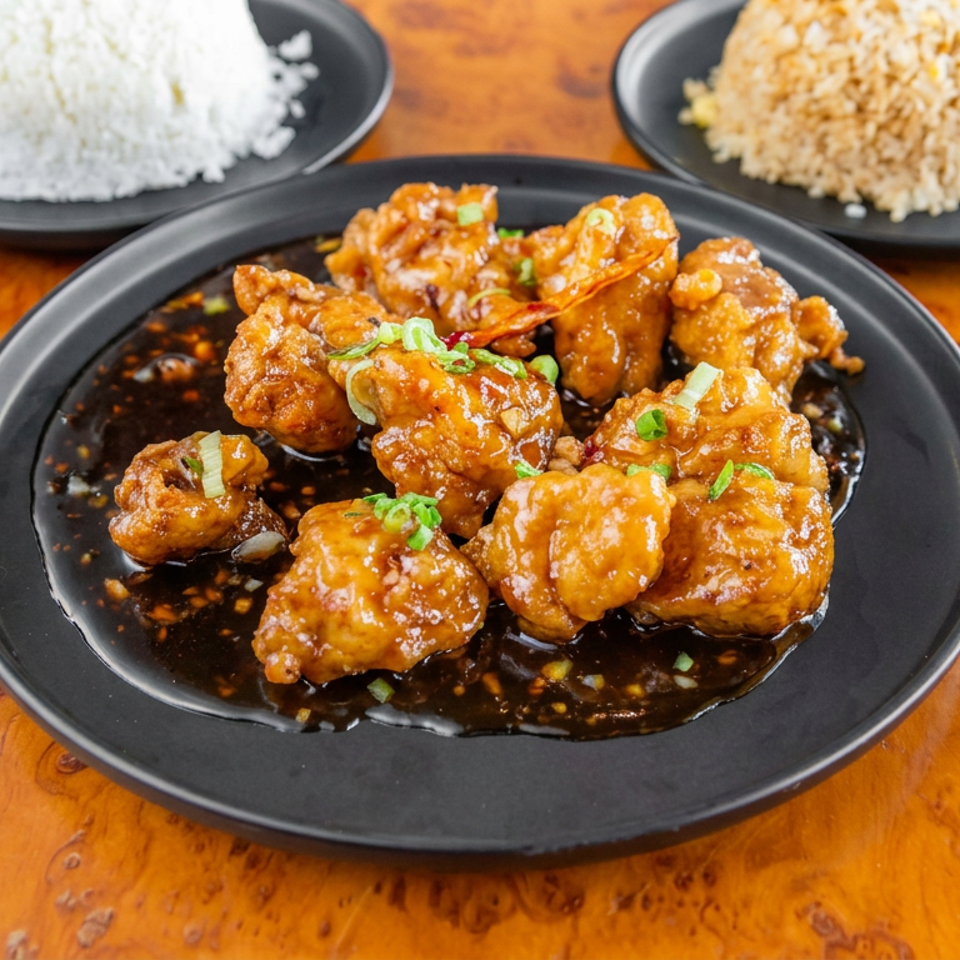 Glazed fried chicken pieces garnished with green onions on a black plate, served with white and brown rice on a wooden table.