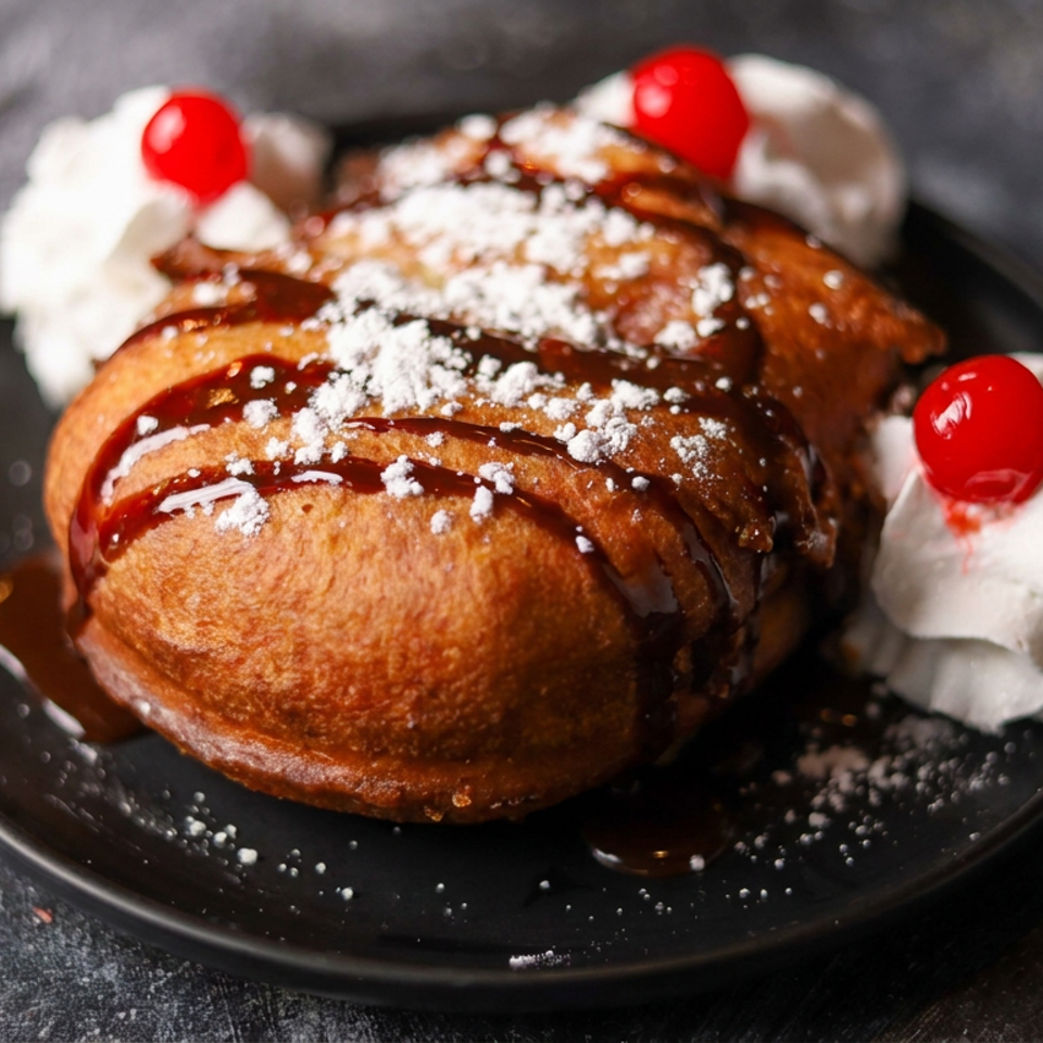 Golden-brown dessert topped with chocolate sauce, powdered sugar, whipped cream, and cherries on a black plate.