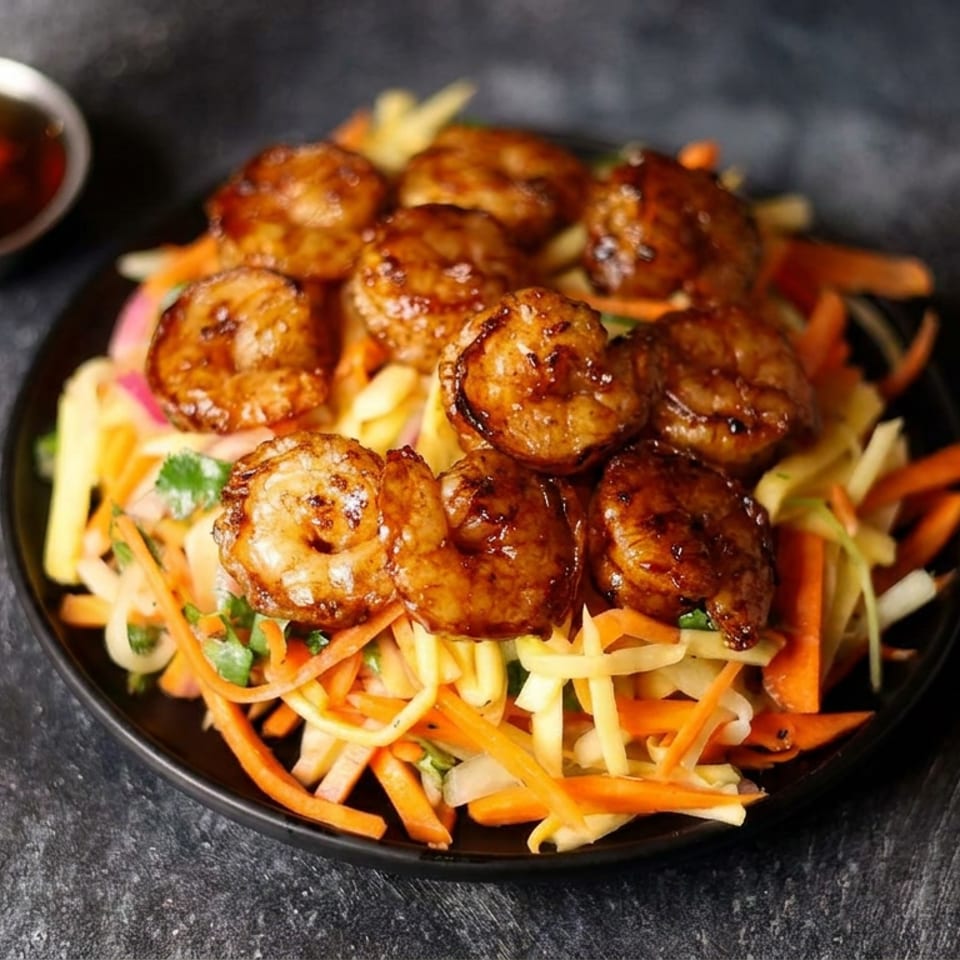 Glazed meatballs served over shredded vegetables on a black plate with a small bowl of dipping sauce.