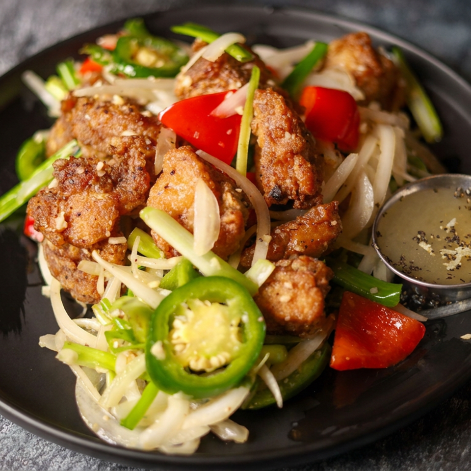 Crispy fried chicken bites with peppers, onions, and jalapeños on a black plate, served with dipping sauce.