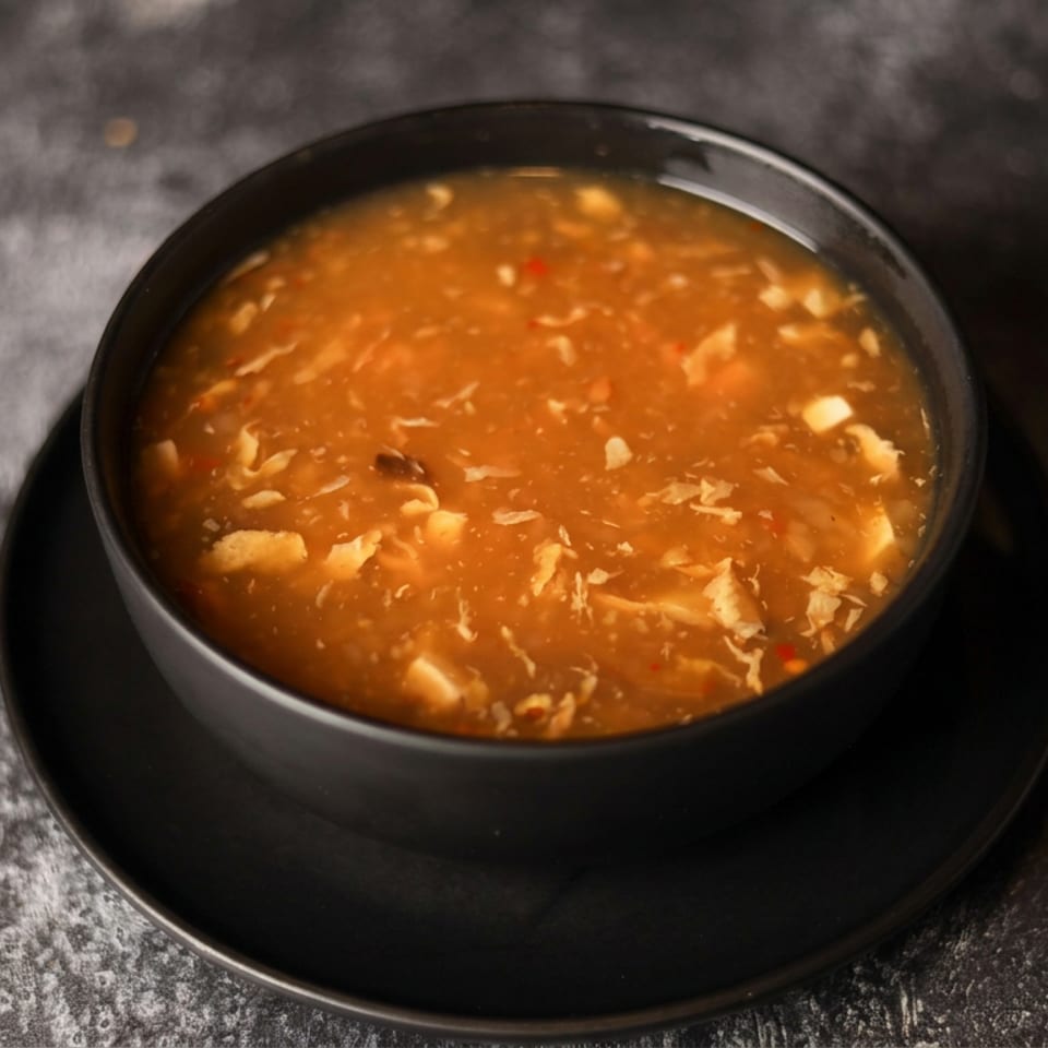 Bowl of orange soup with shredded ingredients, served in a black bowl and saucer on a dark textured table.